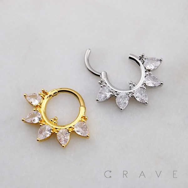 MARQUISE AND TEARDROP CZ SEPTUM HINGED SEGMENT HOOP RING 316L SURGICAL STEEL 